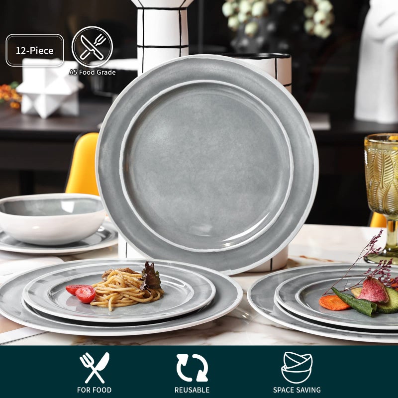 Webbylee Melamine Dinnerware Set - 12pcs Dishes Dinnerware Set for 4, Indoor and Outdoor use, Dishwasher Safe, Break-resistant, Lightweight, Gray - Image 3